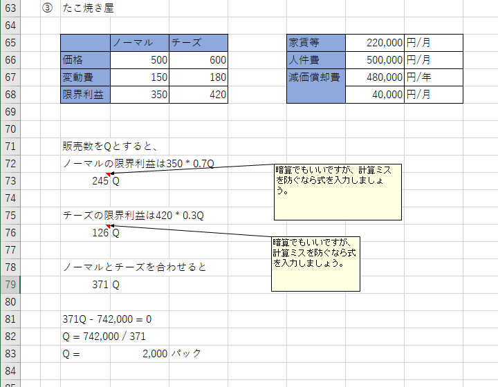 たこ焼き屋における損益分岐点の練習問題の解答と解説